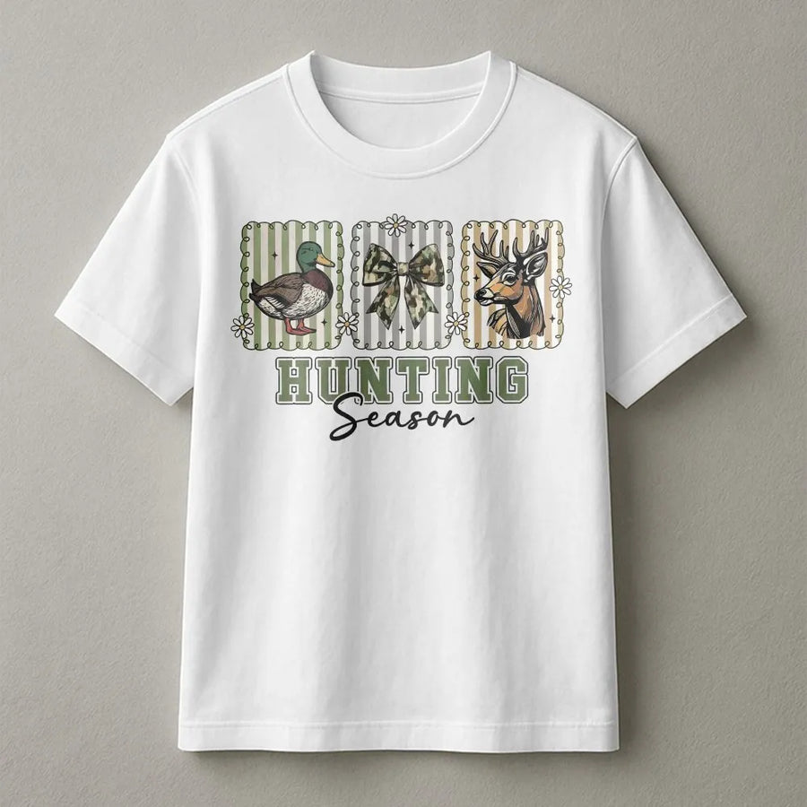 Hunting Season T-Shirt | Camo Bow Deer and Duck Graphic | Premium 100% Cotton Tee | Preppy Outdoor Country Gift for Women and Men