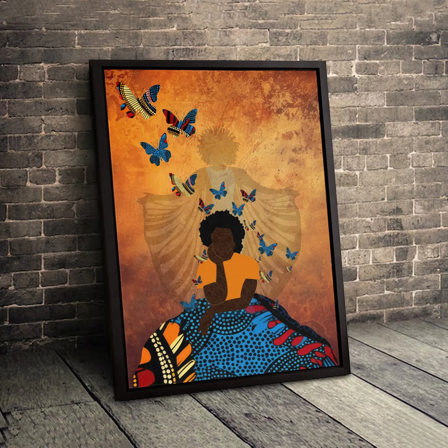 Black Woman Wall Art | Abstract Butterfly Portrait Print | Premium Gallery Wrapped Canvas | Modern Home Decor Gift