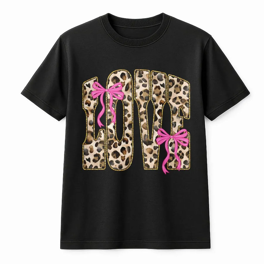 Love Leopard Print T-Shirt | Coquette Aesthetic Bow Graphic Tee | Premium Cotton Casual Shirt | Cute Valentine’s Day Gift For Her