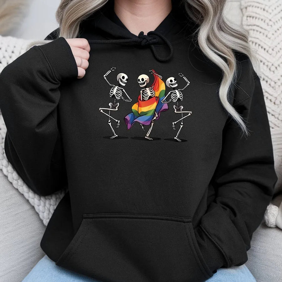 Dancing Skeleton Pride Hoodie | LGBTQ Rainbow Flag Graphic | Premium Cotton Blend | Inclusive Equality Gift for Pride Month
