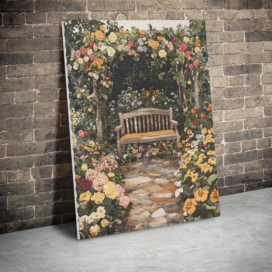 Garden Bench Canvas Wall Art | Textured Floral Archway Landscape | Premium Gallery Wrap Print | Botanical Cottagecore Home Decor Gift