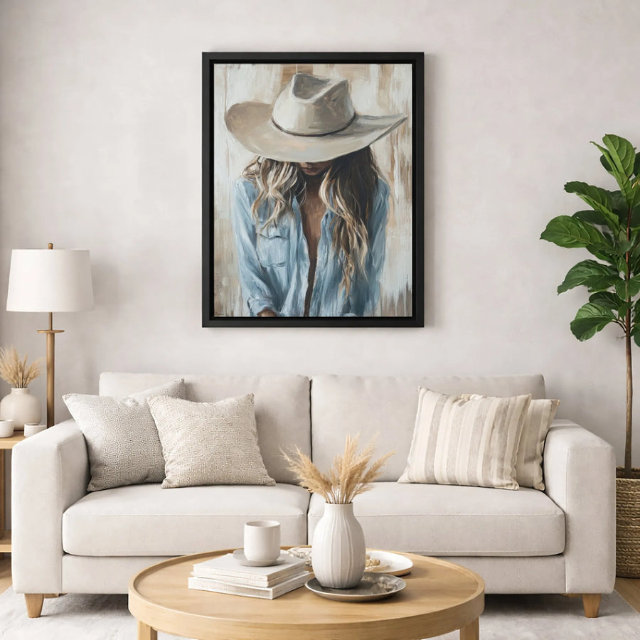 Western Cowgirl Canvas Wall Art | Moody Portrait With Cowboy Hat | Premium Gallery-Wrapped Print | Farmhouse Boho Home Decor Gift