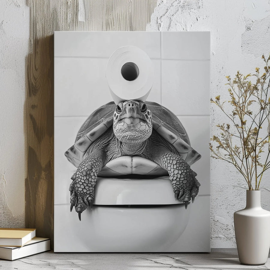 Funny Turtle on Toilet Canvas Wall Art | Black and White Bathroom Decor | Premium Gallery Wrap Print | Quirky Animal Restroom Wall Hanging