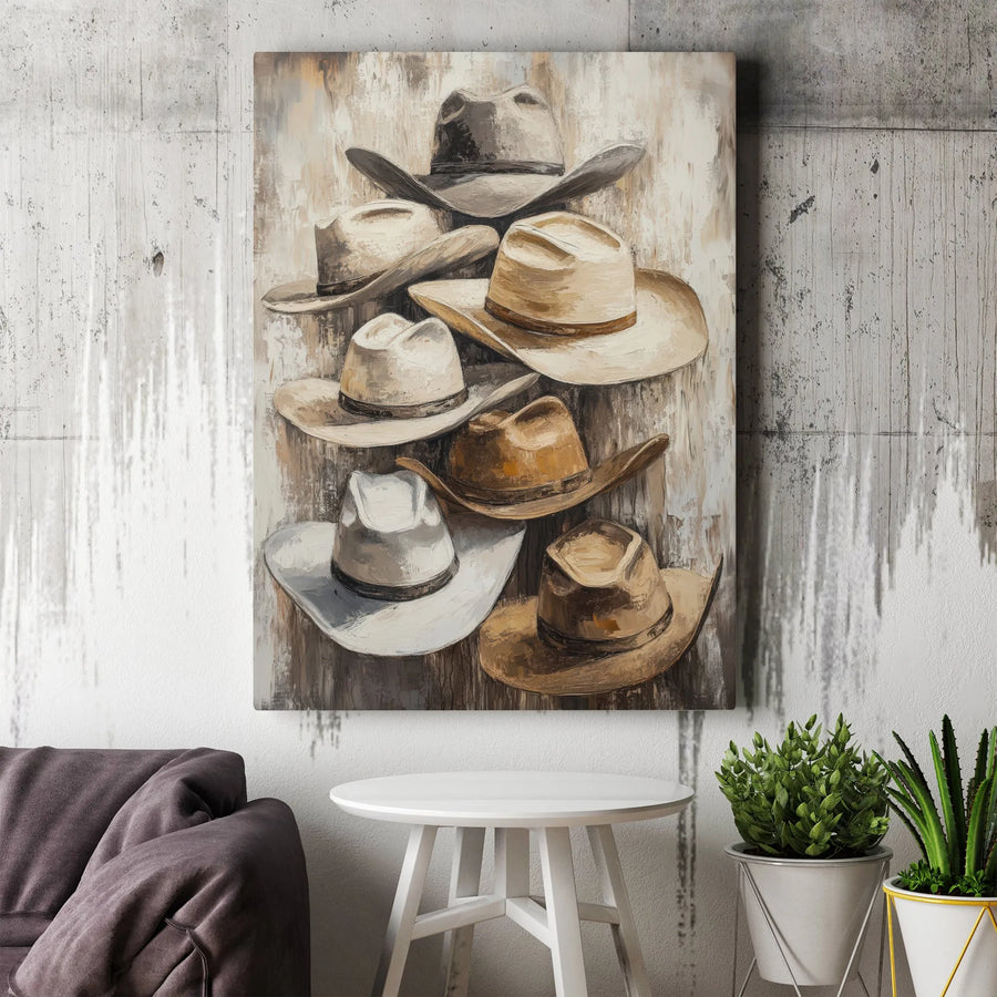 Cowboy Hat Wall Art Canvas Print | Rustic Western Hat Collection with Textured Finish | Premium Thick Gallery Wrap Canvas | Gift for Him & Ranch House Decor