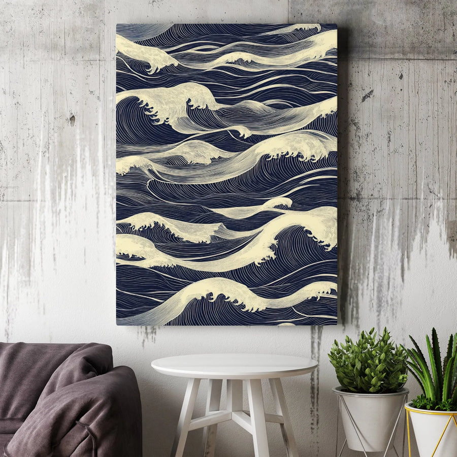 Japanese Ocean Waves Canvas Wall Art | Minimalist Navy Blue and Cream Line Work | Premium Gallery Wrapped Decor | Serene Home Office Gift