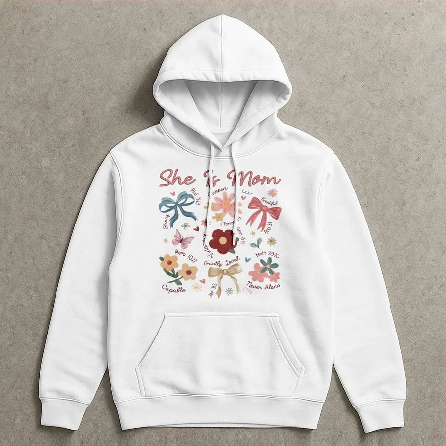 She Is Mom Christian Hoodie | Boho Floral Scripture Design | Cotton-Polyester Premium Comfort | Mother's Day 2026 Faith Gift for Women