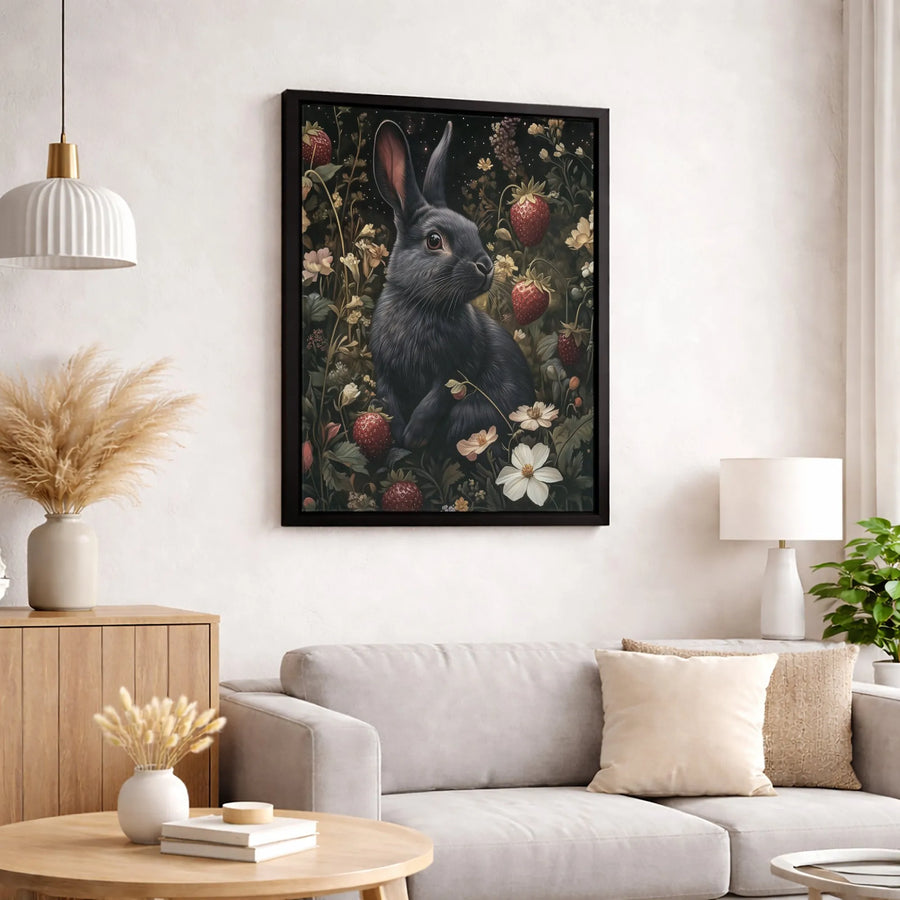 Black Rabbit Wall Art | Whimsical Strawberry Garden Illustration | Gallery Quality Framed Canvas | Cottagecore Aesthetic Home Decor Gift