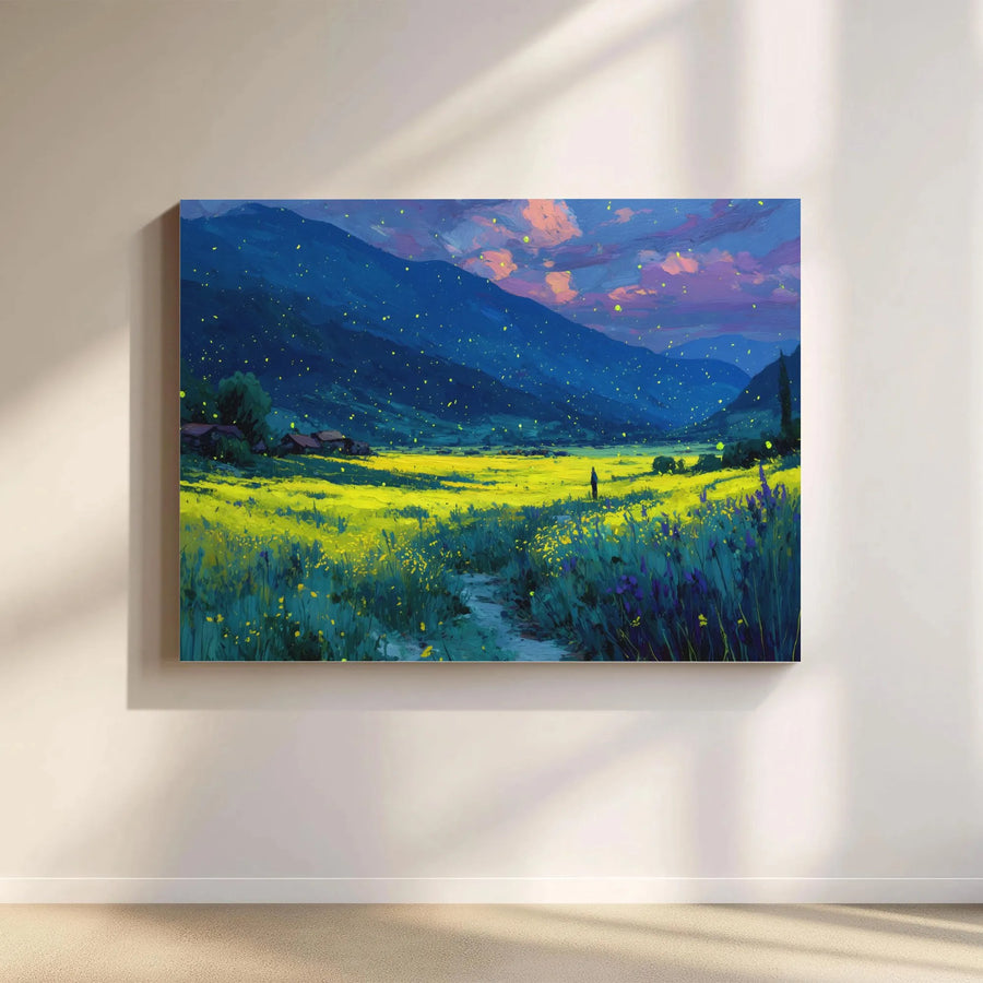 Mountain Valley Canvas Wall Art | Impressionistic Fireflies and Wildflowers Landscape | 1.25” Gallery Wrap | Premium Home Decor for Living Room