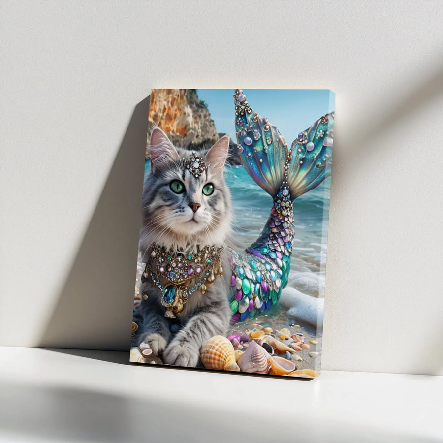 Mermaid Cat Canvas Wall Art | Whimsical Purrmaid Beach Scene Print | Premium Gallery Wrapped Canvas | Unique Gift for Cat Lovers & Fantasy Art Collectors