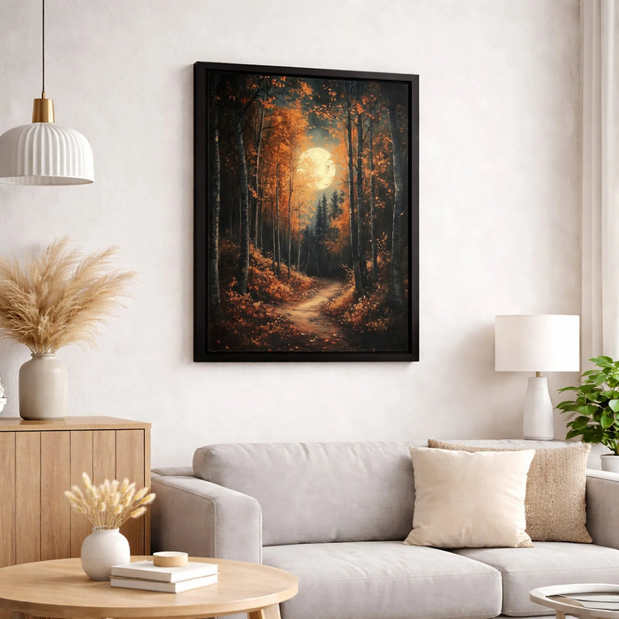 Autumn Forest Path Canvas Print | Full Moon Birch Tree Landscape | Premium 1.25-Inch Gallery Wrap | Seasonal Nature Wall Decor Gift
