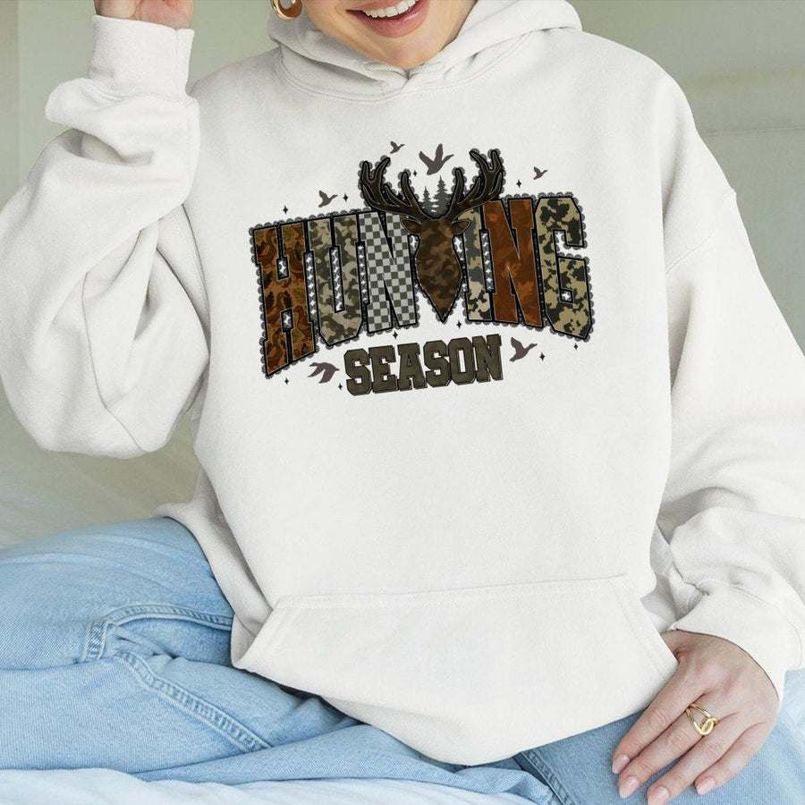Hunting Season Hoodie | Rustic Camo Deer Antlers Graphic | Premium Cotton Blend | Gift for Outdoor Enthusiasts and Hunters