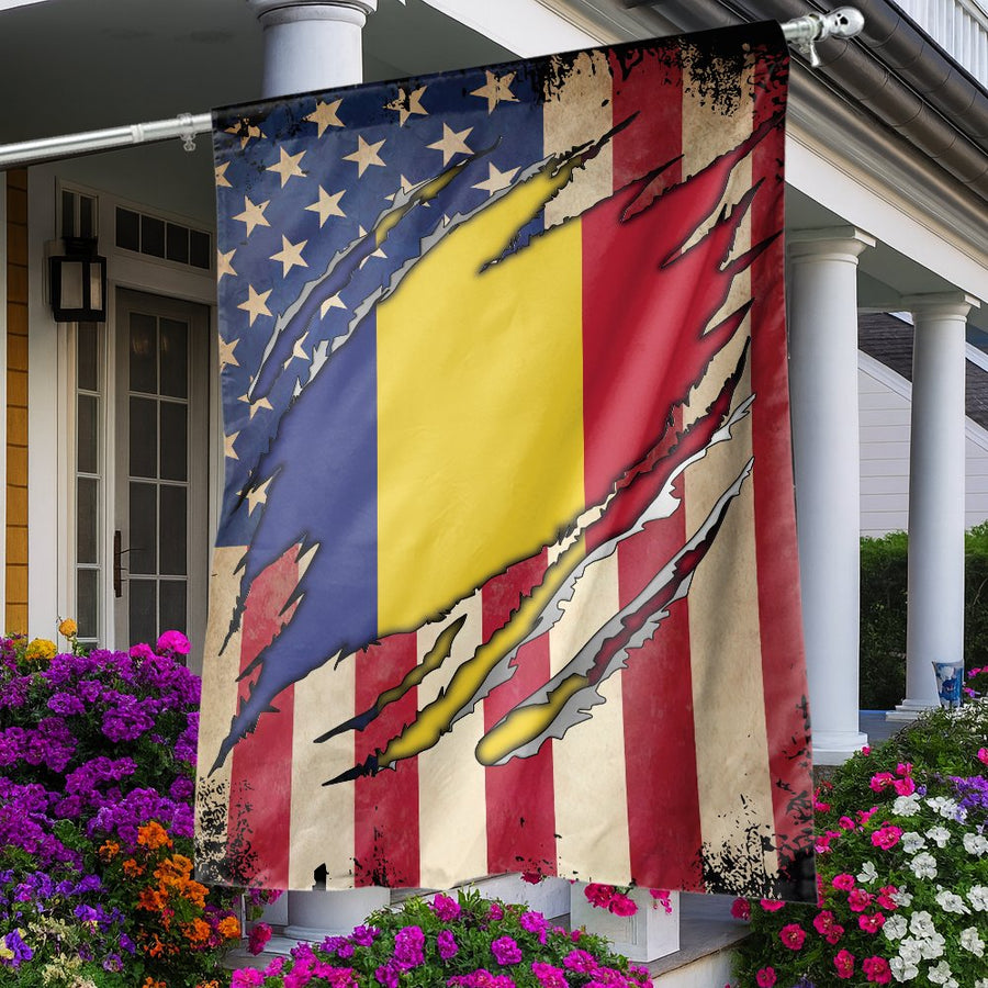 American Romanian Flag | Torn US Flag with Romania Emblem | Premium Weather-Resistant Polyester | Patriotic Dual Heritage Garden Gift