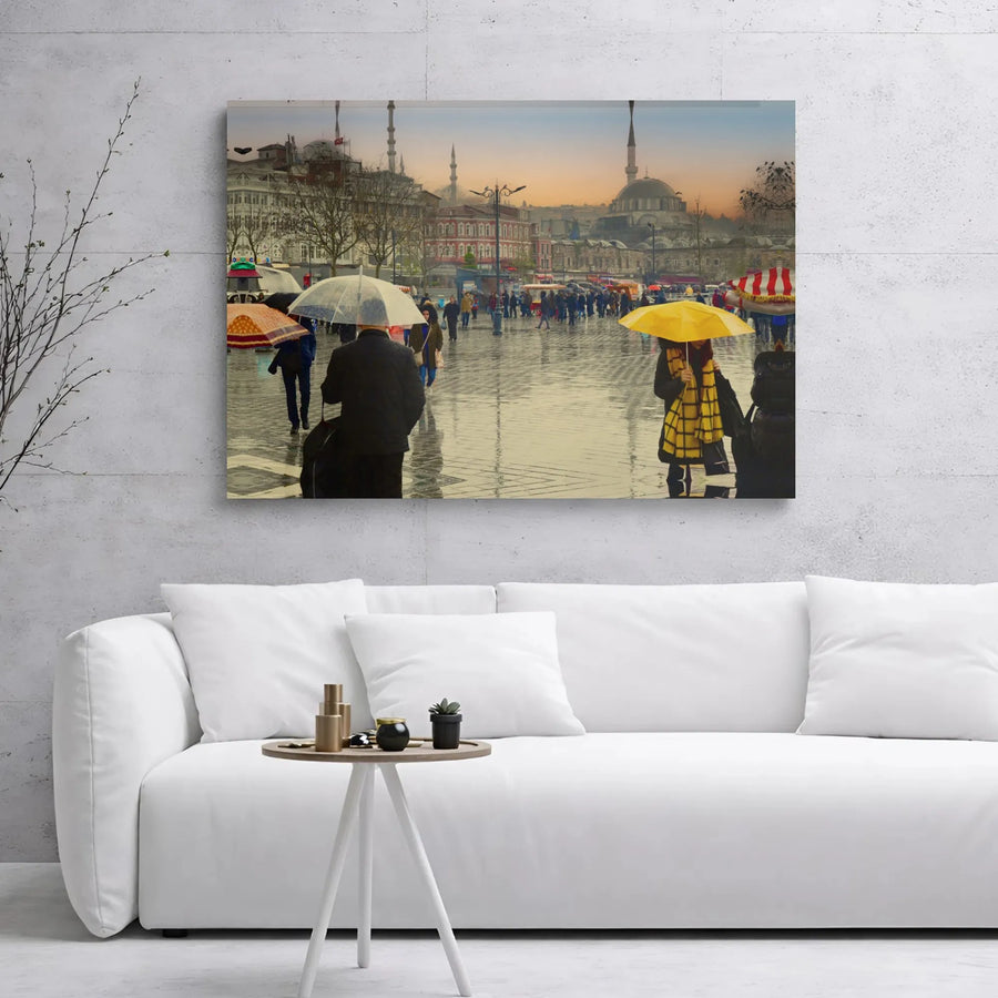 Istanbul City Square Canvas Wall Art | Rainy Street Scene With Umbrellas | Premium Gallery Wrap Print | Travel Home Decor Gift