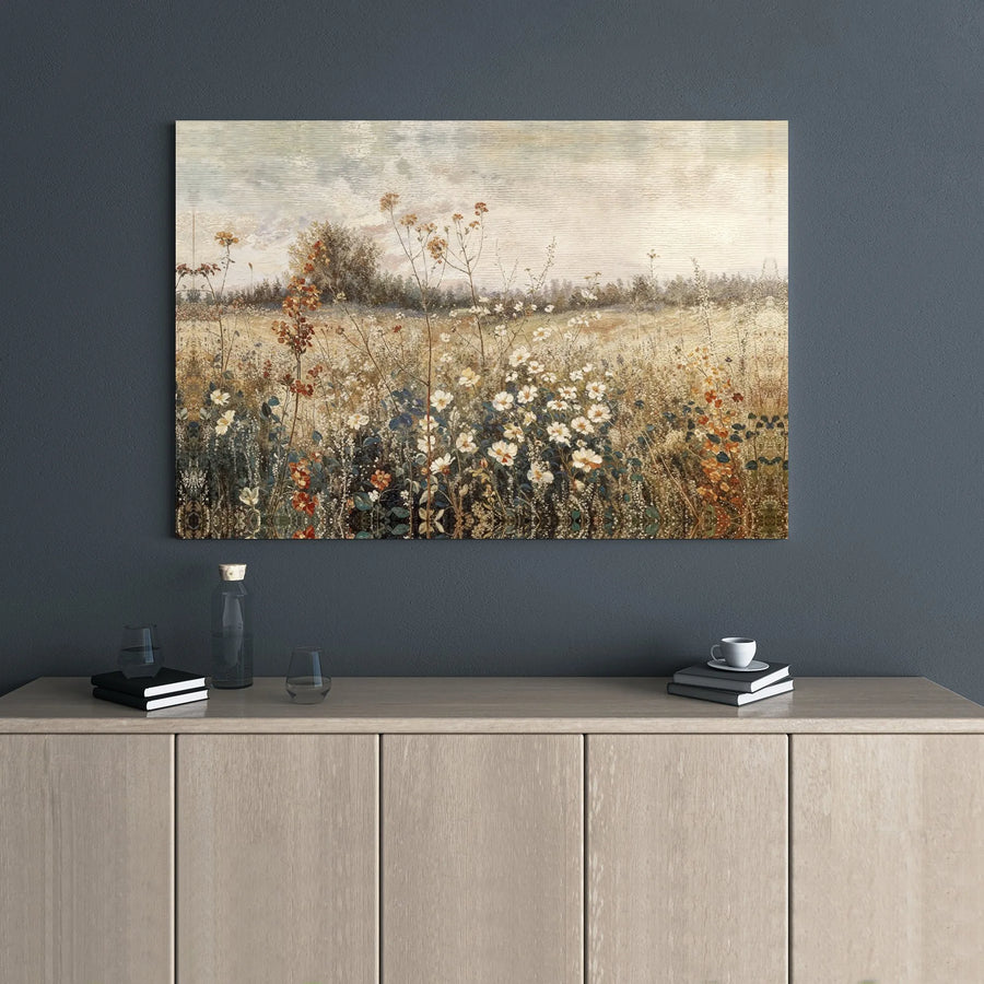 Vintage Wildflower Meadow Canvas | Impressionist Landscape Wall Art | Gallery Wrapped Premium Print | Farmhouse Home Decor for Living Room