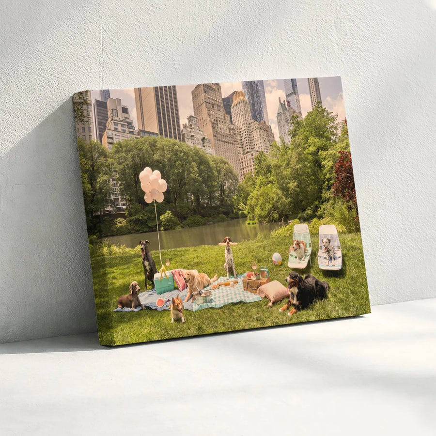 Dogs in Central Park Canvas Wall Art | Funny Dog Picnic Scene | Premium Fade-Resistant Print | Gift for Dog Lover & NYC Decor