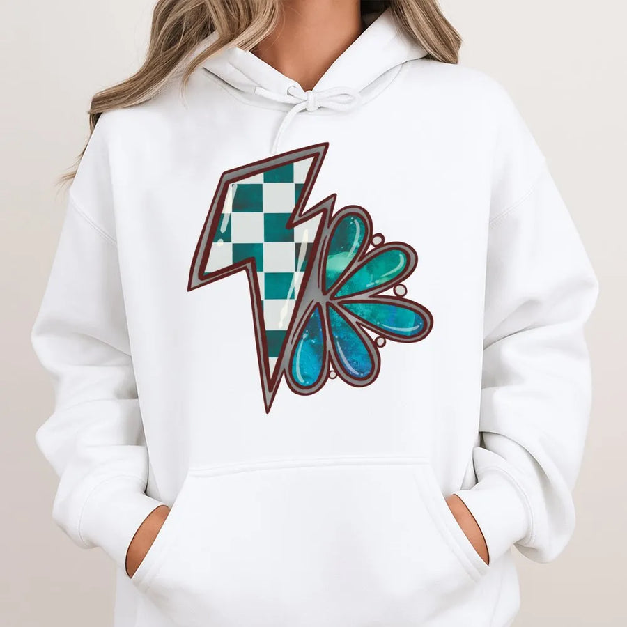 Western Lightning Bolt Hoodie | Checkered Boho Flower Graphic | Premium Cotton Blend | Country Style Gift for Women & Girls