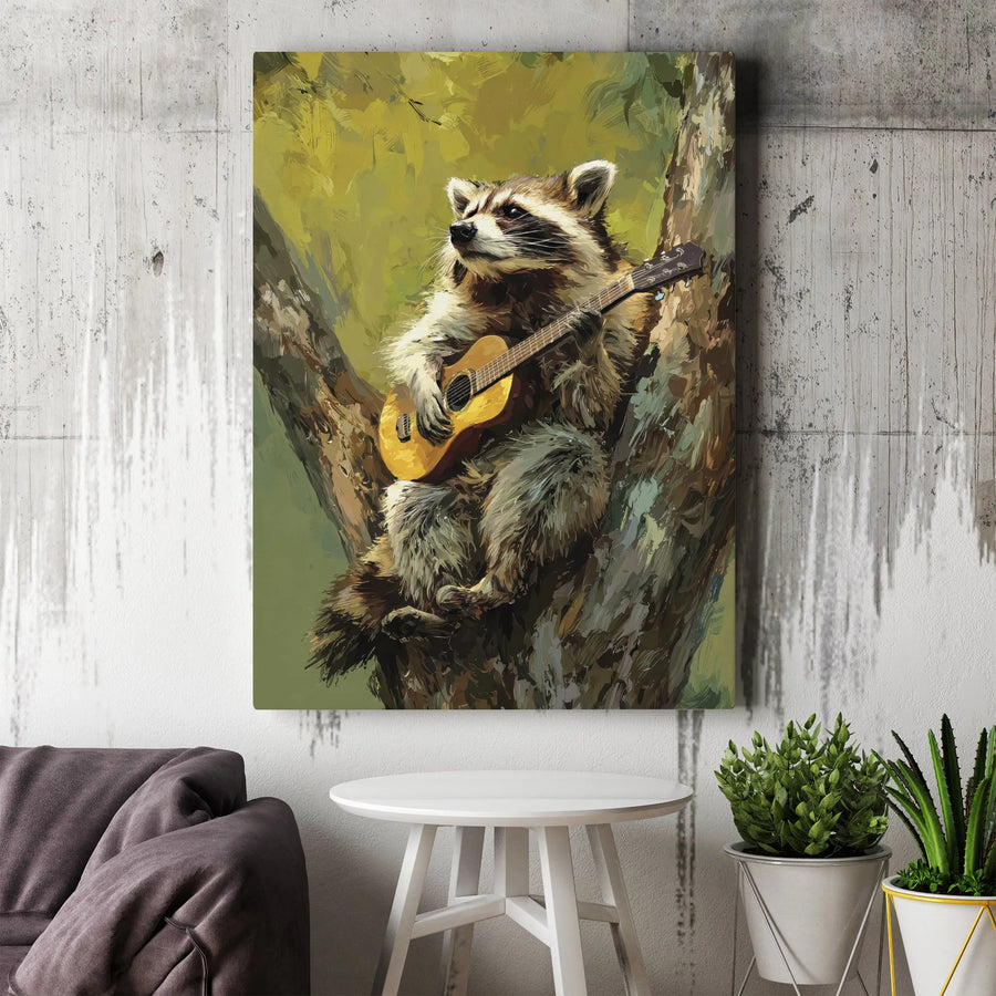 Raccoon Playing Guitar Canvas Wall Art | Whimsical Animal Musician Painting | Premium Gallery Wrapped Canvas | Funny Woodland Nursery Decor, Gift for Music Lover