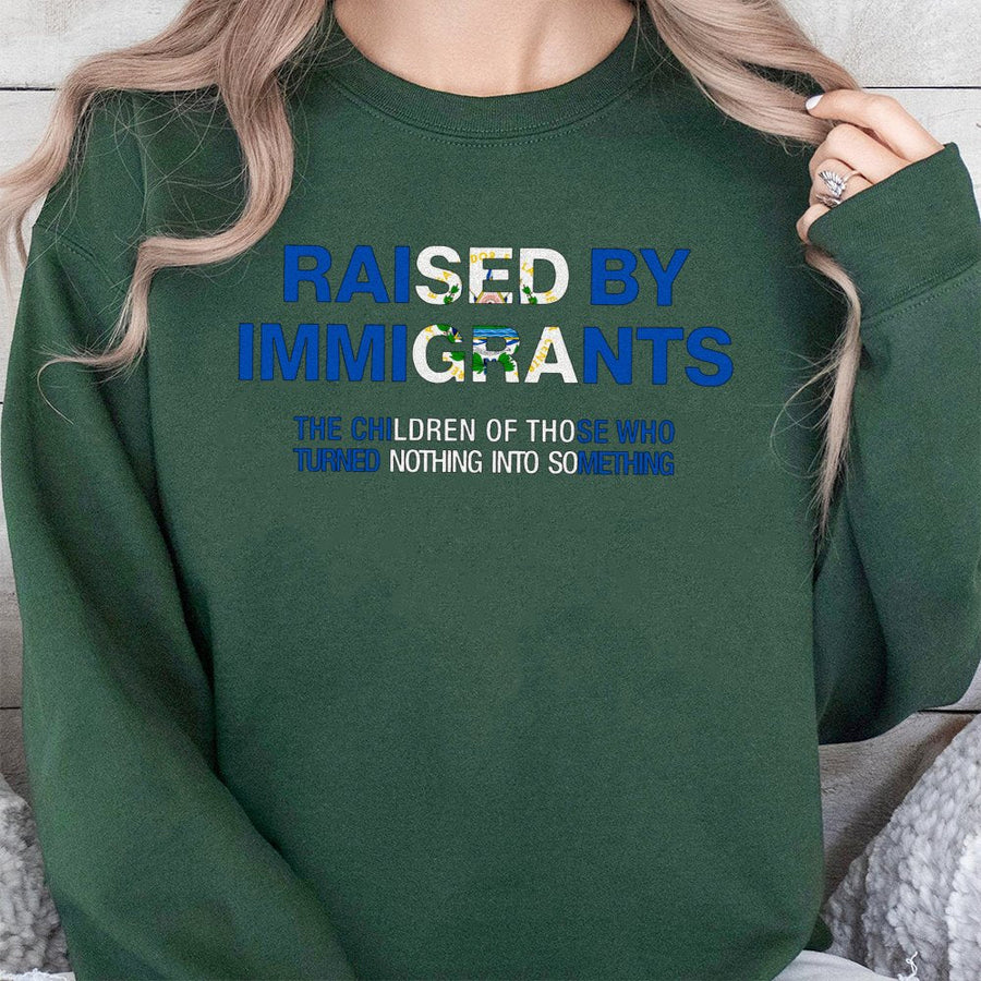 Raised By Immigrants Sweatshirt | El Salvador Pride Flag Graphic | Premium Cotton Blend Crewneck | Heritage Cultural Gift For Salvadoran Americans