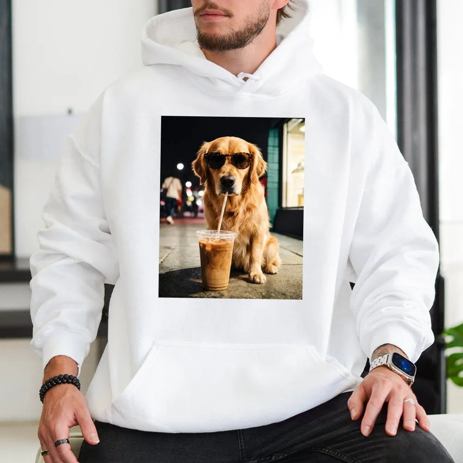 Golden Retriever Hoodie | Dog with Sunglasses Drinking Iced Coffee | Premium Cotton Tee | Funny Gift for Dog Lovers