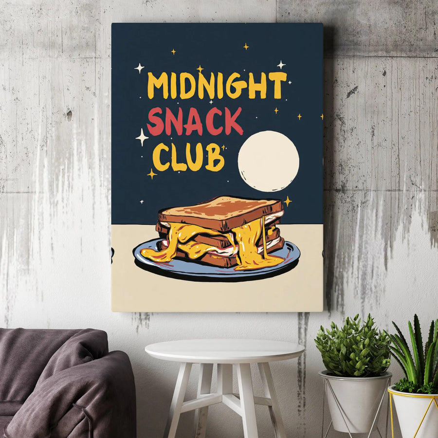 Midnight Snack Club Vertical Canvas | Funny Grilled Cheese Retro Art Print | Premium 1.25 Inch Gallery Wrapped Canvas | Cute Kitchen Wall Decor Gift