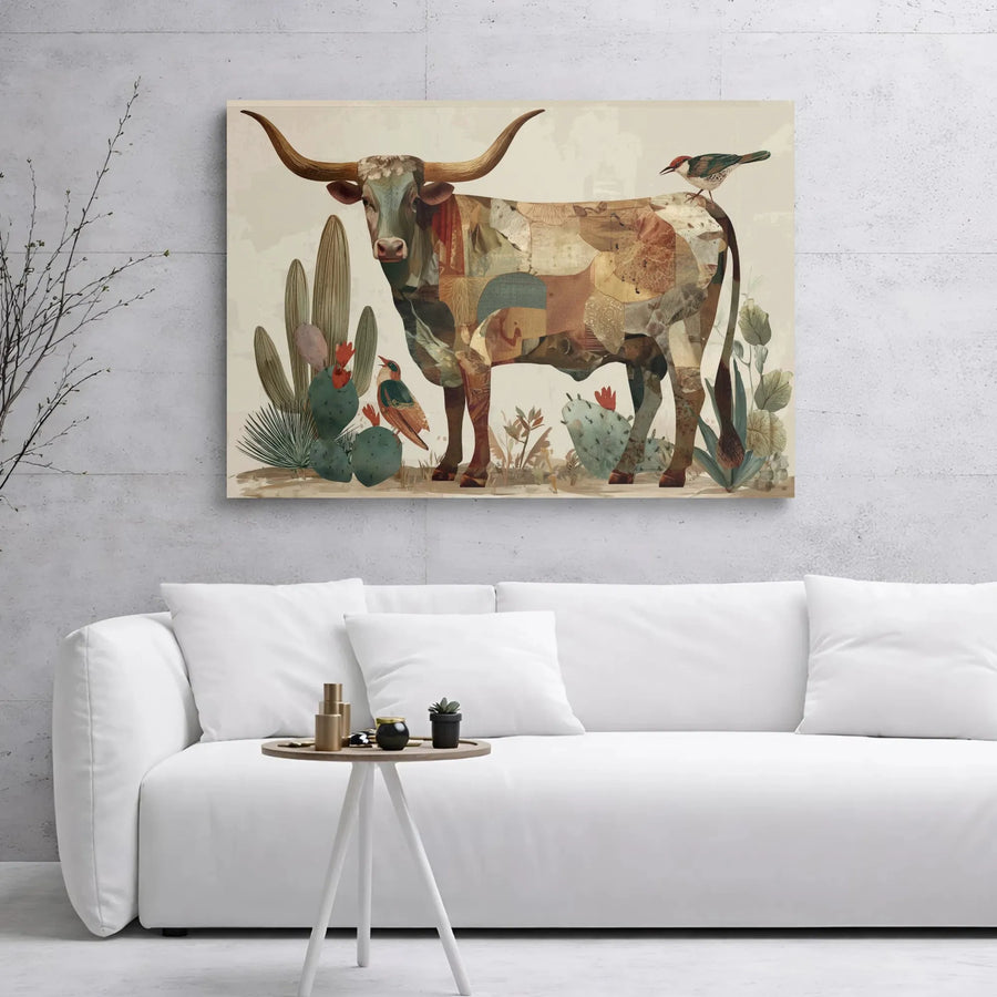 Texas Longhorn Canvas Wall Art | Patchwork Collage Desert Print | Premium Gallery Wrap 1.25" Frame | Southwestern Home Decor Gift