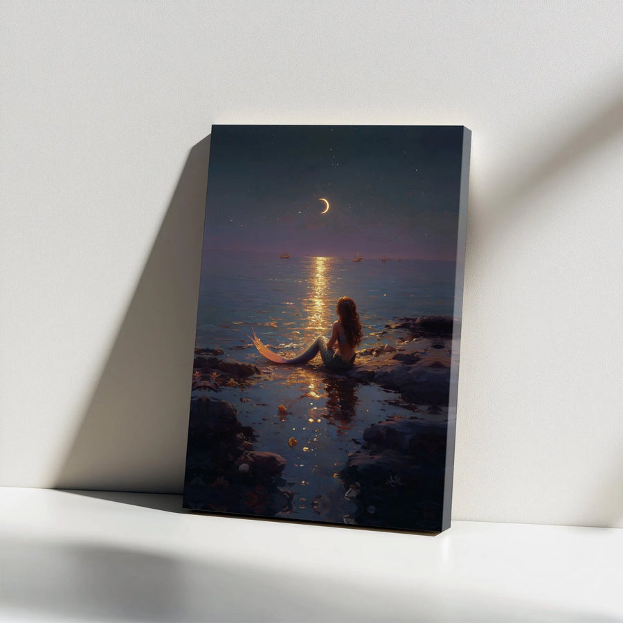 Moonlit Mermaid Canvas Wall Art | Fantasy Ocean Scene with Crescent Moon | Premium Gallery Print | Collector's Gift for Fantasy Lover