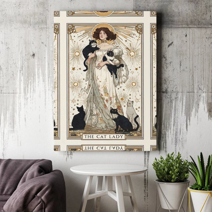 The Cat Lady Tarot Card Wall Art | Art Nouveau Aesthetic Illustration | Premium Gallery Canvas | Unique Gift for Cat Lovers and Mystical Decor