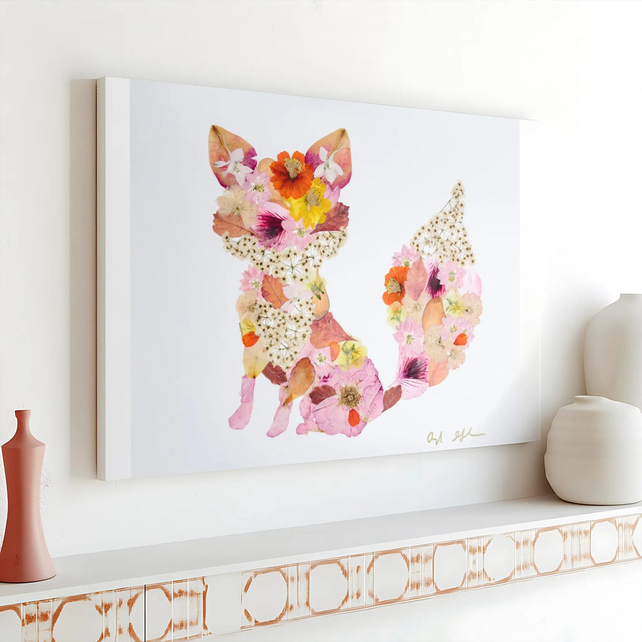 Pressed Flower Fox Canvas Art | Botanical Animal Silhouette Print | Premium Gallery Wrapped Wall Decor | Unique Gift for Nature Lover