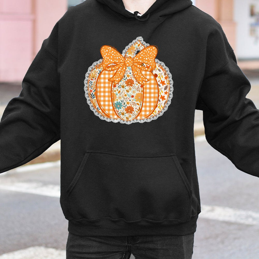 Floral Pumpkin Hoodie | Preppy Bow Aesthetic Print | Premium Cotton-Blend Fall Sweatshirt | Cute Autumn Thanksgiving Gift for Women