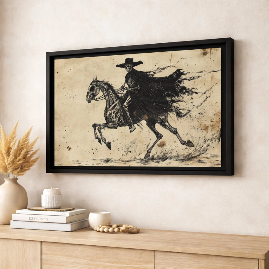 Skeletal Cowboy Wall Art | Gothic Western Grim Reaper Canvas | Premium Fade-Resistant Decor | Dark Aesthetic Home Office Gift