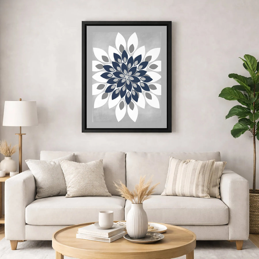 Geometric Mandala Wall Art | Modern Navy Blue Grey Floral Canvas | 1.25 Inch Gallery Wrap | Premium Home Decor Print