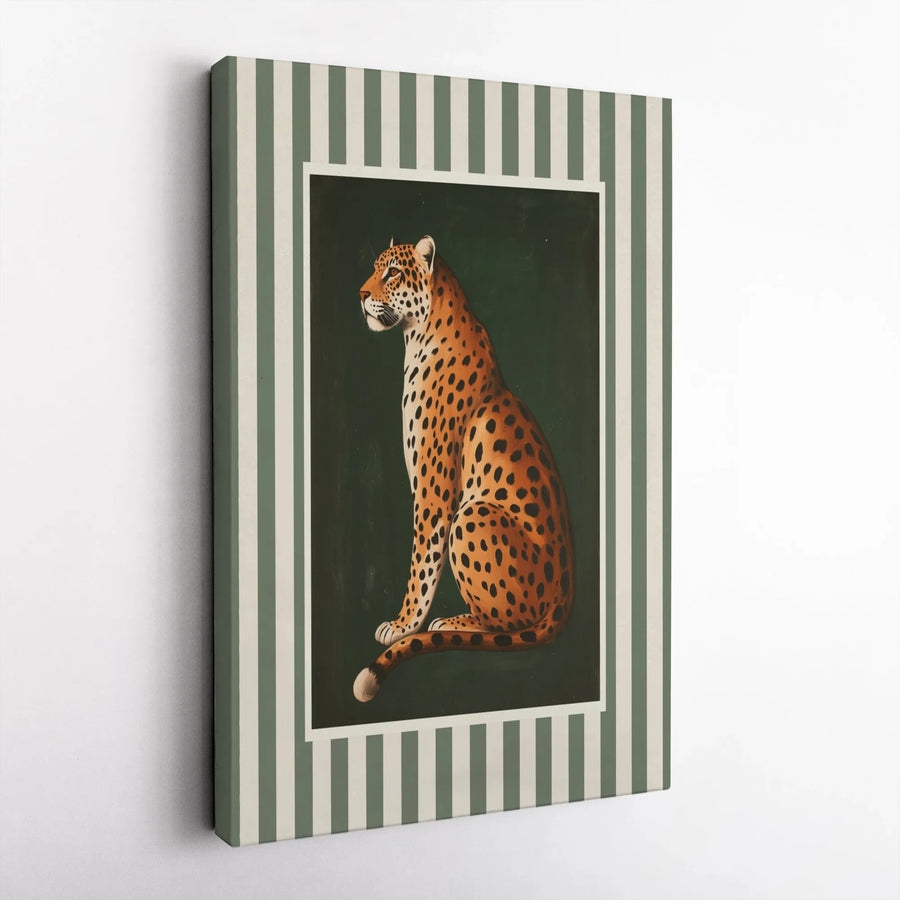 Leopard Wall Art Print | Vintage Botanical Animal Portrait with Green Stripes | Premium Gallery Wrapped Canvas | Elegant Home Decor Gift