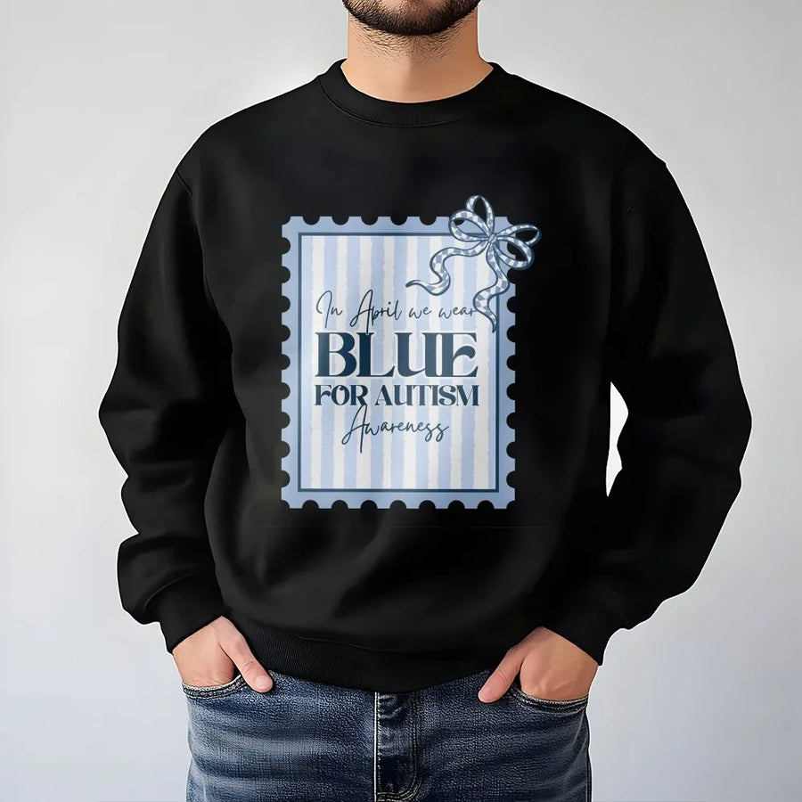 Autism Awareness Sweatshirt | In April We Wear Blue Stamp Design | Premium Cotton Blend Crewneck | Gift for Autism Mom & Advocate