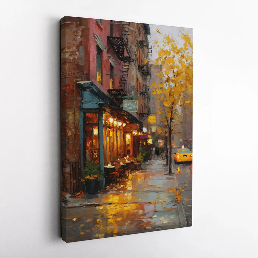 Autumn in New York Canvas Wall Art | Impressionist Rainy Street Cafe Painting | Premium Gallery Wrapped Print | Modern Urban Home Decor Gift