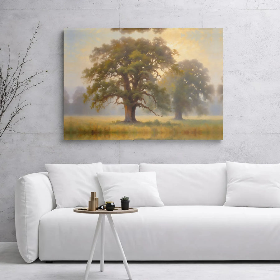 Majestic Oak Tree Landscape Canvas Print | Misty Morning Forest Wall Art | Gallery Wrapped Premium Canvas | Serene Nature Decor For Home Office