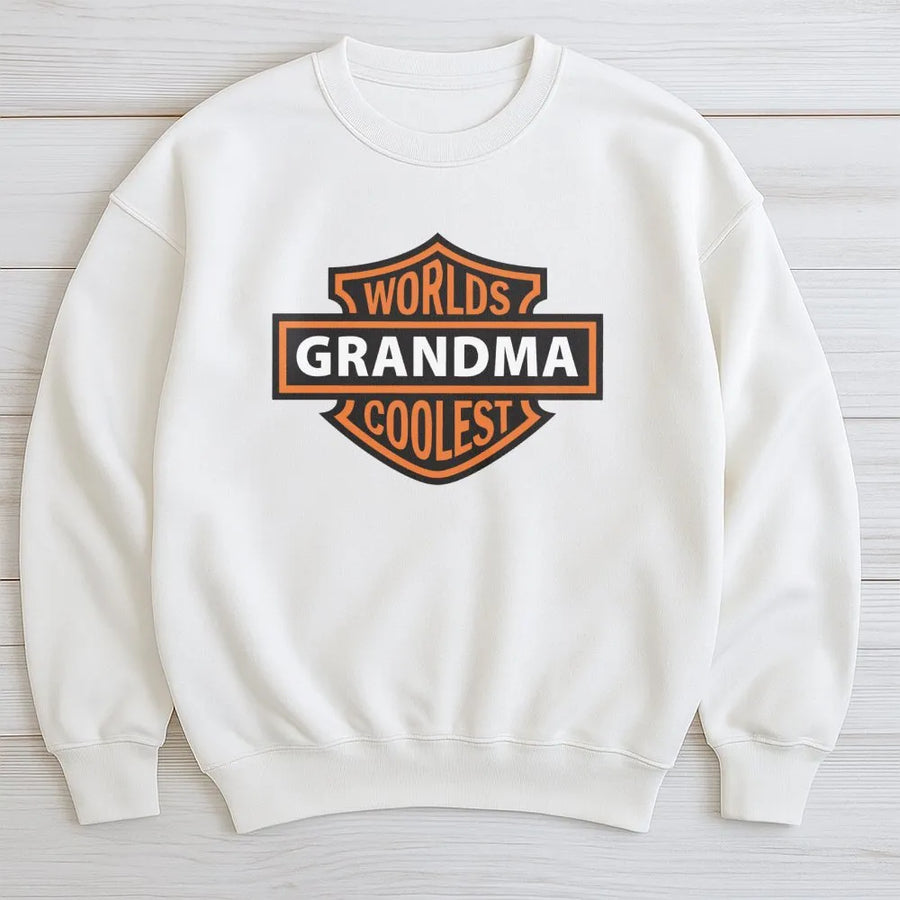 Worlds Coolest Grandma Sweatshirt | Biker Shield Graphic Design | Premium Cotton Blend | Funny Gift for Grandmother, Nana, Gigi