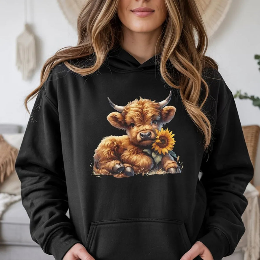 Highland Cow Hoodie | Cute Baby Cow with Sunflower Graphic | Premium Soft Unisex Pullover | Farm Animal Lover Gift for Her
