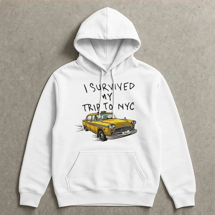I Survived My Trip To NYC Hoodie | Funny New York Yellow Taxi Graphic | Cotton-Blend Premium Pullover | Souvenir Gift for Travelers