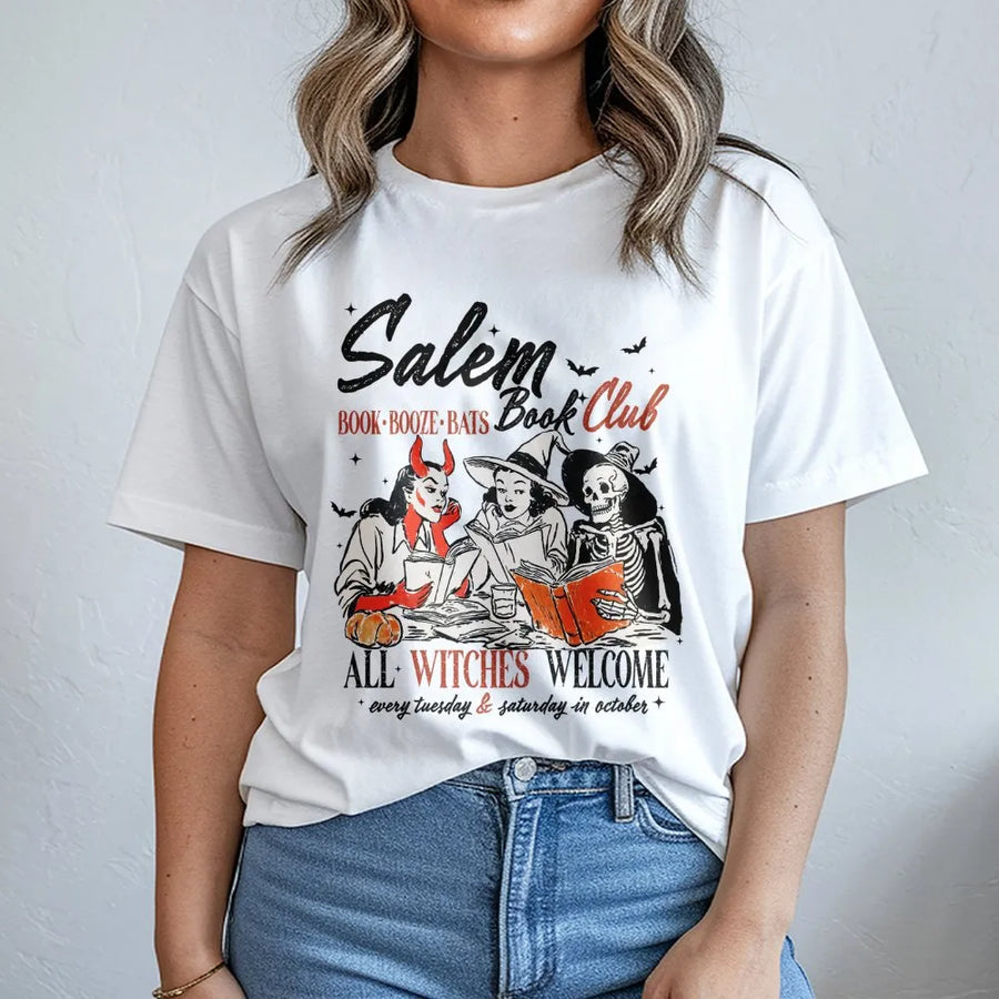 Salem Book Club T-Shirt | Spooky Halloween Reading Graphic | Premium Cotton Witchy Apparel | Gift for Bookworms and Halloween Lovers
