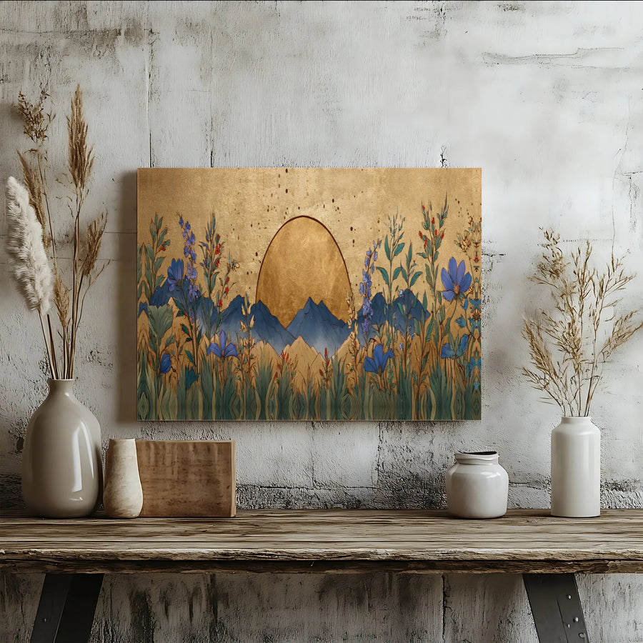 Mountain Wildflower Canvas Art | Golden Sun & Mountain Landscape | Premium Canvas Print | Japanese Inspired Living Room Wall Decor Gift