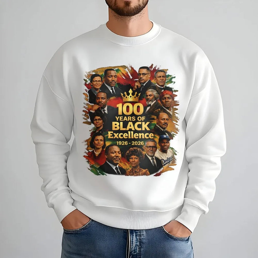 100 Years Of Black Excellence Sweatshirt | African American History Icons Graphic | Premium Cotton Blend | Black History Month Pride Gift