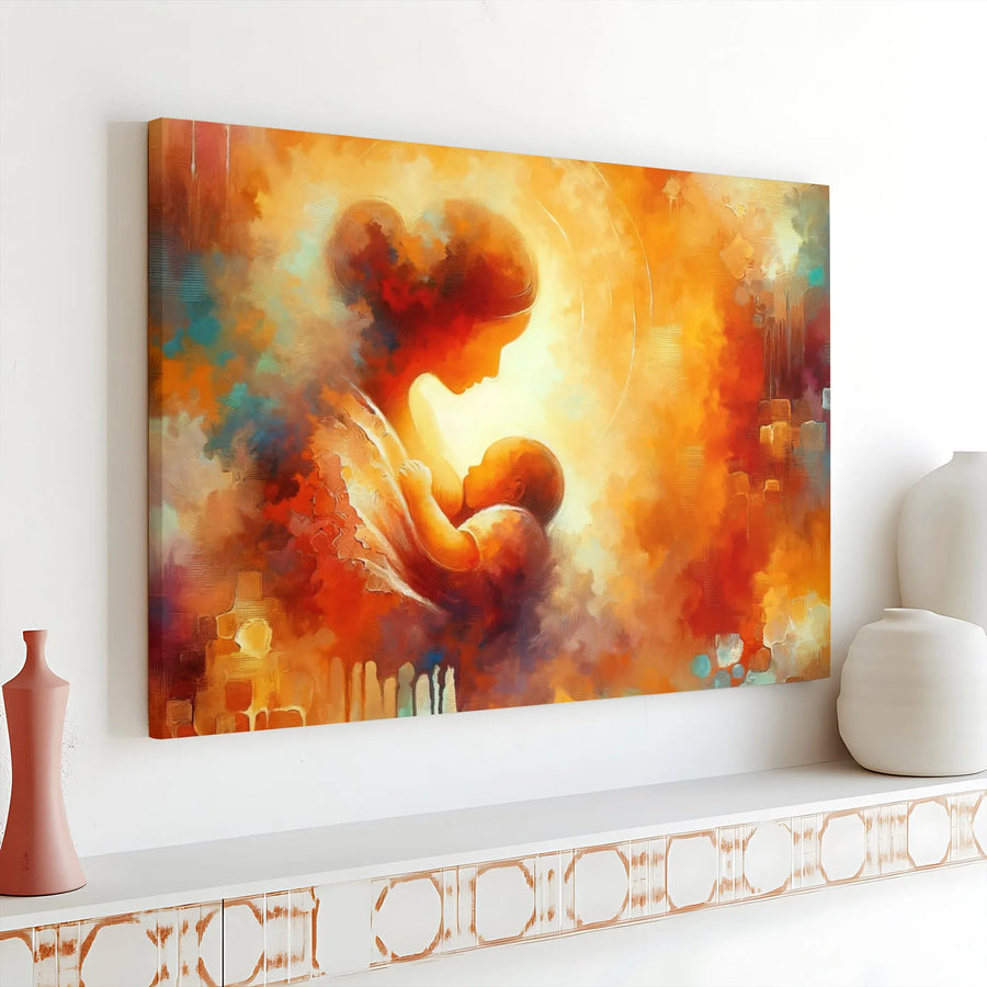 Abstract Mother Breastfeeding Canvas Art | Emotional Motherhood Painting Print | Premium Gallery Wrapped Canvas | Nursery Decor Gift for New Mom
