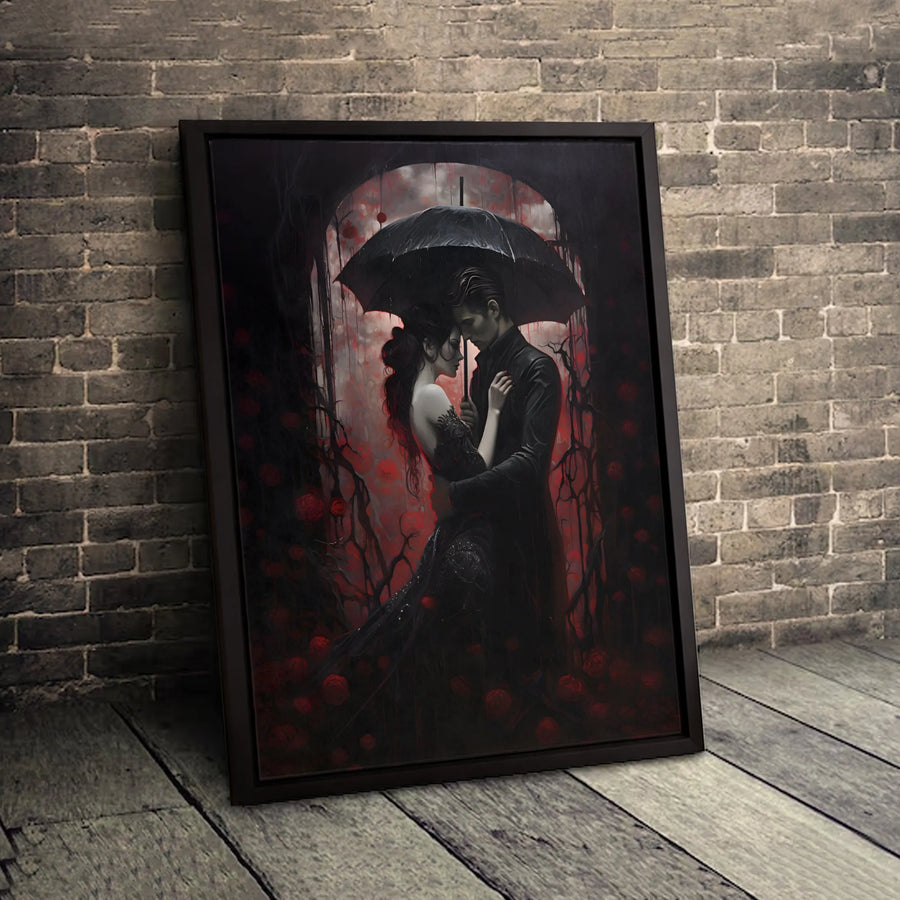 Gothic Couple Canvas Wall Art | Romantic Dark Fantasy Red Rose Umbrella Print | Premium Gallery Wrap Decor | Gift for Goth Aesthetic Lovers
