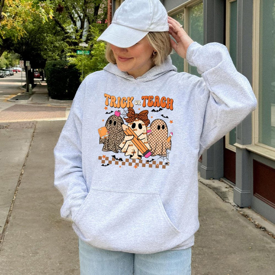 Trick Or Teach Hoodie | Cute Leopard Ghost Teacher Halloween Graphic | Premium Cotton Blend | Gift For Teachers & Educators
