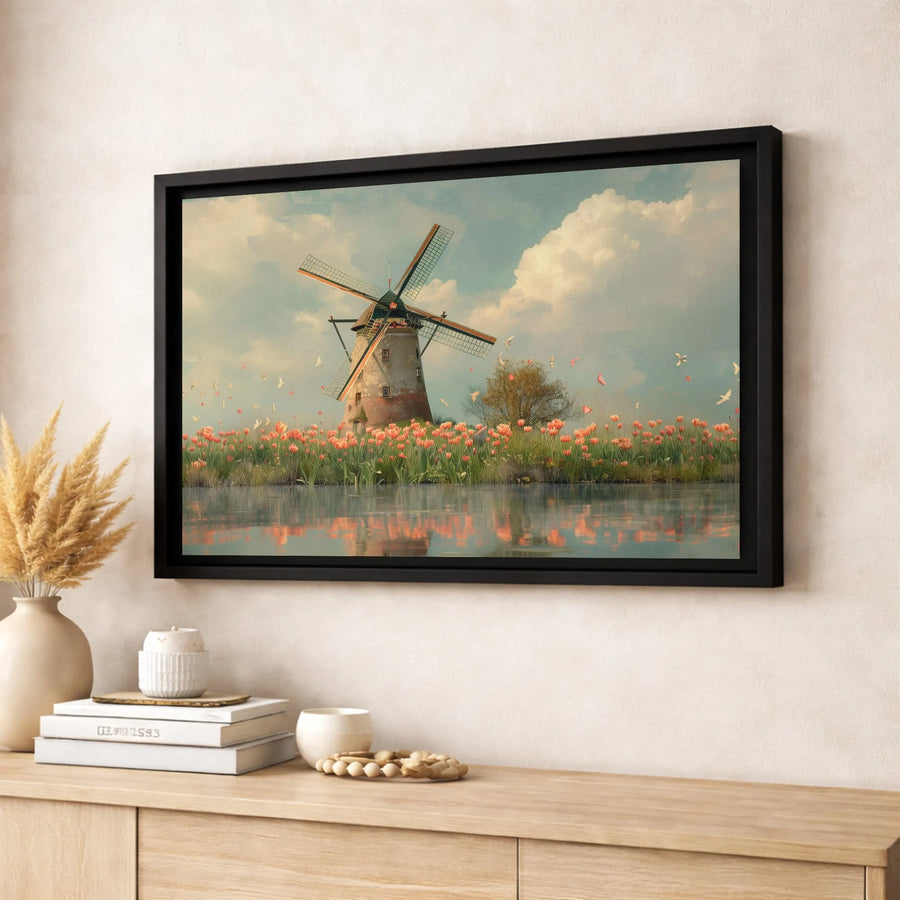 Dutch Windmill Canvas Wall Art | Floral Tulip Field Landscape | Premium Gallery Wrapped Print | Nature Home Decor Gift