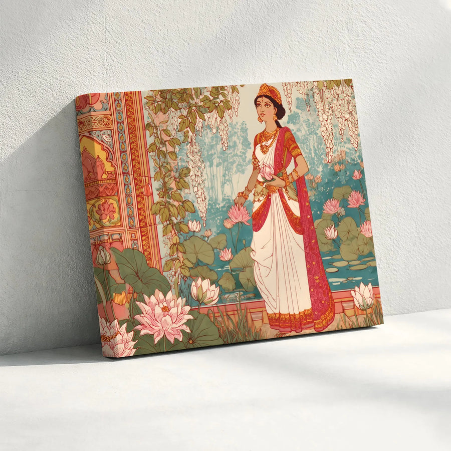 Indian Art Nouveau Woman Horizontal Canvas | Lotus Pond Botanical Portrait | Premium Fade-Resistant Print | Elegant Cultural Home Decor Gift