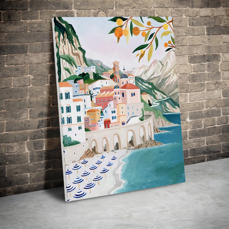 Amalfi Coast Wall Art | Italian Riviera Coastal Landscape Painting | Premium Gallery Wrapped Canvas | Mediterranean Home Decor Gift