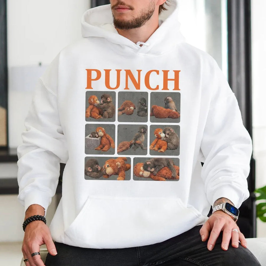 Punch Monkey Meme Hoodie | Viral Sad Monkey Graphic Sweatshirt | Premium Cotton-Blend Pullover | Trendy Internet Culture Gift For Gen Z