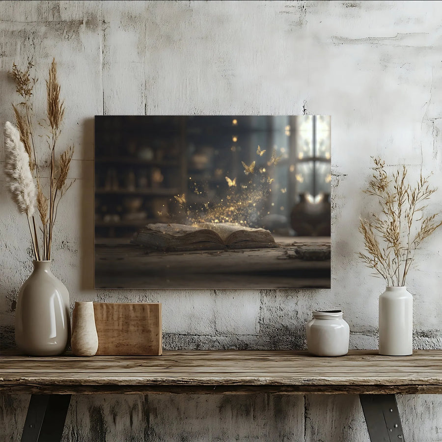 Magical Book Canvas Print | Golden Butterflies & Sparkle Art | Premium Gallery Wrap | Whimsical Home Decor Gift for Book Lovers