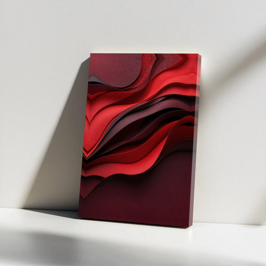 Abstract Red Waves Canvas Art | 3D Layered Paper Effect Print | Premium Gallery Wrapped Canvas | Modern Statement Art for Living Room